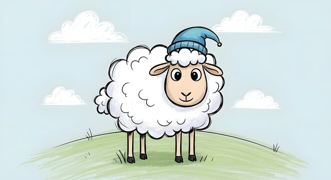 A cute cartoon illustration of a fluffy white sheep wearing a cozy blue and green nightcap.