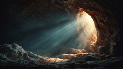Fototapeta premium Light Rays Emerge from an Empty Tomb, Illuminating the Darkness with a Glowing Aura of Mystique