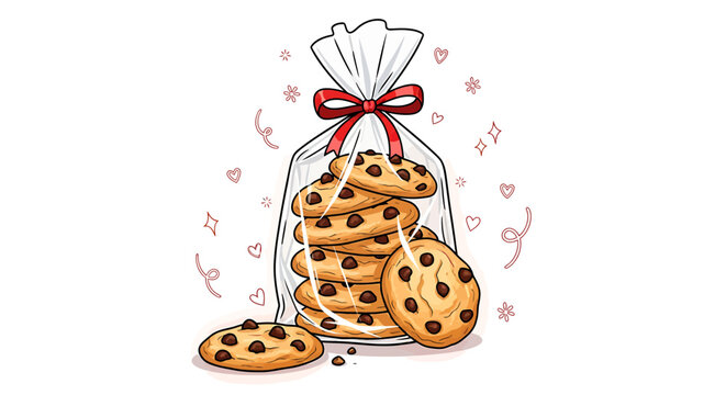 Chocolate chip cookies in a clear plastic bag with red ribbon and decorative hearts