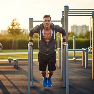 Determined man performing dips on parallel bars outdoors.