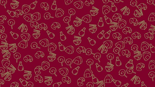 Handdrawn doodle food creates a patterned background with japanese food items like cute onigiri. Suitable for foodthemed designs.