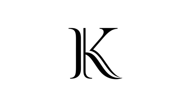 Elegant letter k monogram in black and white against solid white background