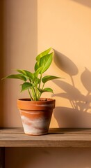 Fototapeta premium Potted Plant in Warm Light - A Symbol of Growth and Serenity.