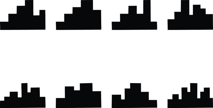 Eight Black Abstract Bar Chart or Histogram Shapes on White Background data statistics