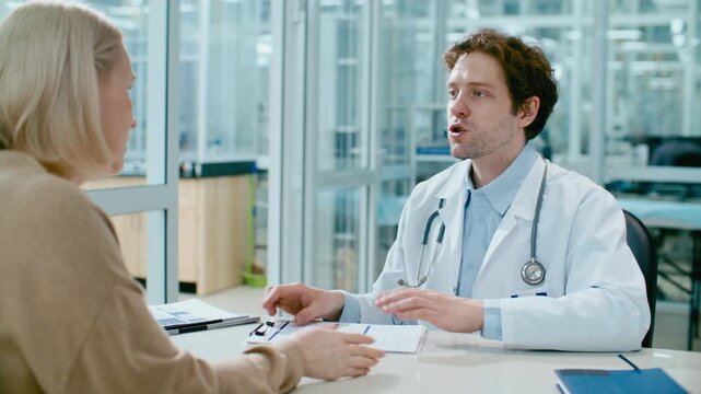 Professional male physician in white lab coat talking and shaking hands with female patient after signing treatment agreement during consultation in clinic