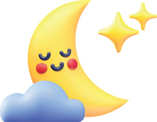 Naklejka premium A 3D character, a yellow crescent moon with a sleeping face, on a cloud with stars.