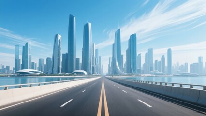 Fototapeta premium Modern city skyline with futuristic skyscrapers viewed from a wide highway bridge over water under clear blue sky