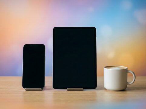 Smartphone tablet and coffee mug on a wooden surface