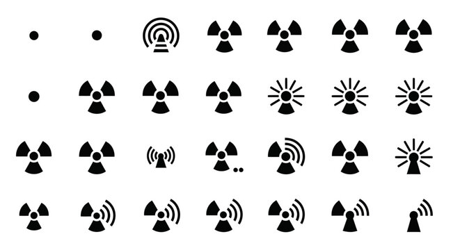 Radiation, hazard, warning, icon set, 25 black symbols, nuclear, toxic, danger, signs, radiation signs, hazard icons