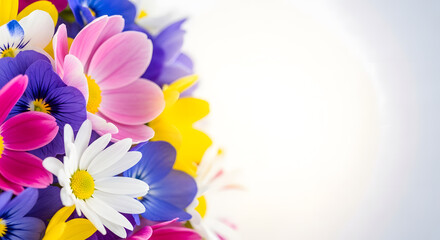 Obraz premium Vibrant spring flowers close-up, including pansies, daisies, and gerbera daisies.