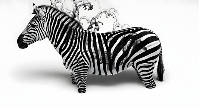 Striking black and white studio shot of a zebra against a white background.