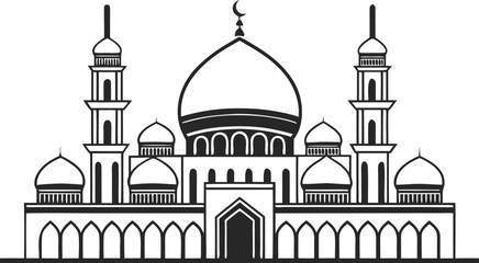 Minimalist monochrome mosque with geometric dome and minarets © Vector KIng