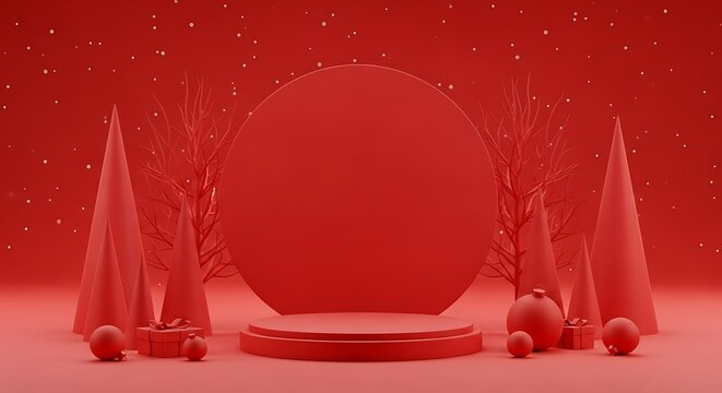 All-red abstract Christmas scene with a circular platform, trees, and festive decorations