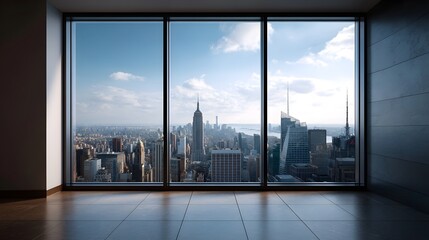 Naklejka premium A dramatic wide angle view of a sprawling modern city skyline seen through a large office window