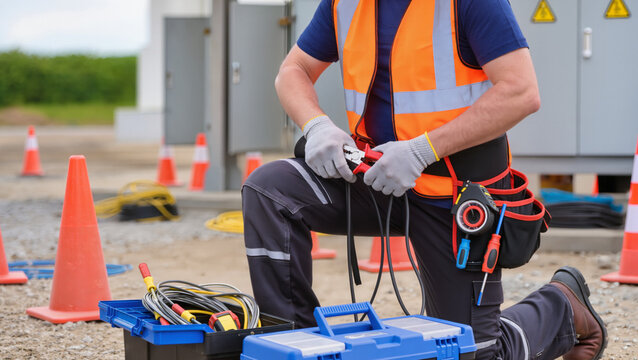 Electrician kneels at a construction site.
​He wears a bright orange vest.
​Worker holds red and black pliers.
​Blue toolboxes sit on the ground.
​Orange safety cones mark the area.