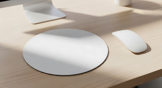Minimalist desk setup with a white mouse, mousepad, and monitor stand, bathed in sunlight.