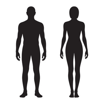 a black silhouette of a man and a woman standing side by side, both with their arms at their sides and feet shoulder-width apart, facing forward