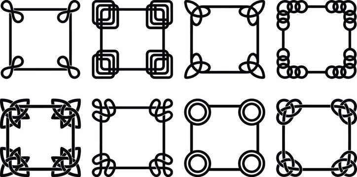 Eight Black Celtic Knot Border Designs Arranged in Two Rows on a White Background frame