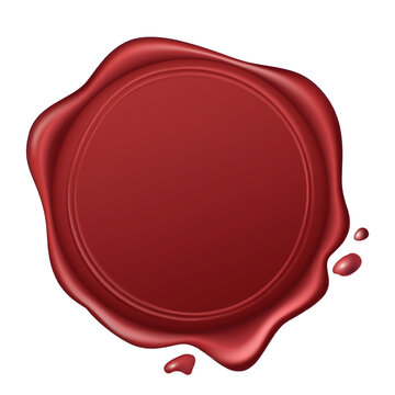 Realistic red wax seal stamp with glossy texture, isolated element for invitations, certificates and branding design.