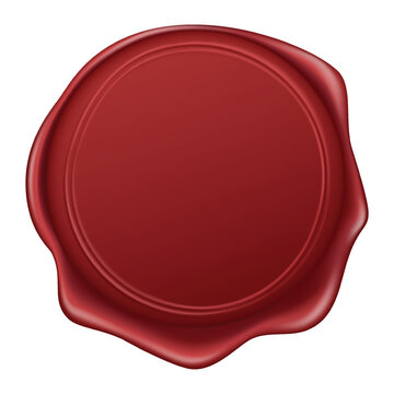 Realistic red wax seal stamp with glossy texture, isolated element for invitations, certificates and branding design.
