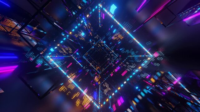 Abstract frames and boxes. Fly through technology cyberspace with neon glow. Sci-fi flight through hi-tech technology tunnel. Hologram and neon light. 3d looped seamless 4k. Multicolored data flow