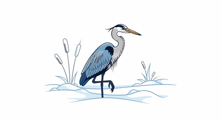 Naklejka premium Stylized illustration of a great blue heron standing in shallow water with cattails