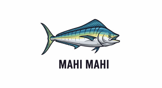 A stylized mahi-mahi fish illustration with open mouth on white background