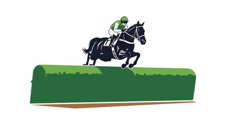 A jockey in green and white rides a black horse over a green hedge