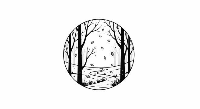 Black and white illustration of a circular forest path in autumn with falling leaves