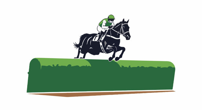 A jockey in green and white rides a black horse over a green hedge