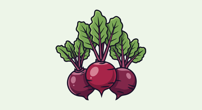 Three stylized red beets with green leafy tops on a light background