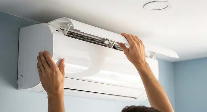 A person's hands are adjusting the front panel of a wall-mounted air conditioning unit