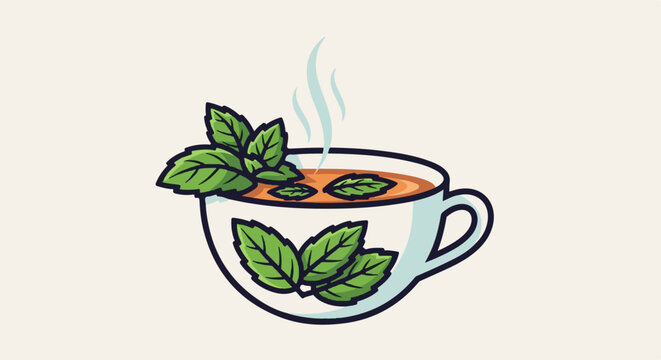 Steaming cup of mint tea with fresh leaves and aromatic vapor