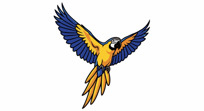 A blue and yellow macaw parrot with wings spread in flight