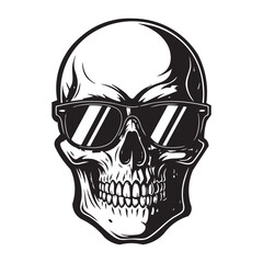 Obraz premium A detailed skull illustration wearing sunglasses presented in a striking black and white silhouette high quality