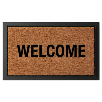 Brown doormat with welcome text in a rustic font isolated on transparent background