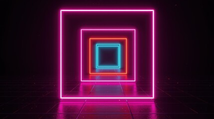 Fototapeta premium A vibrant digital tunnel featuring concentric neon squares in shades of pink blue and bright orange isolated on white background