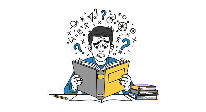 Confused person struggling with complex math symbols and questions