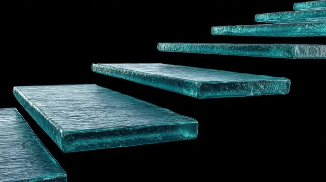 A modern glass staircase rises dramatically against a dark, moody background, with a faint lens flare