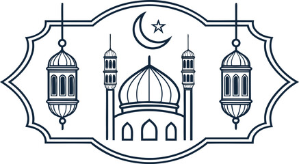 Eid al adha greeting label with mosque and lanterns in black and white © Vector KIng