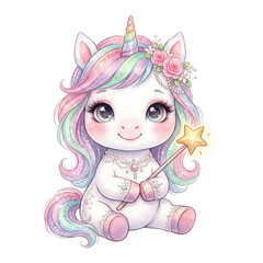 Fototapeta premium Cute unicorn. Dreamy illustration. Magic vibe. Birthday number.