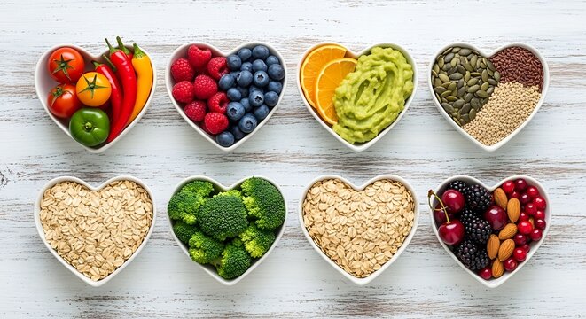 Overhead shot of eight heart-shaped bowls filled with various colorful and healthy food