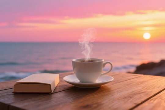 Steaming coffee cup and book on wooden table at sunset by the ocean