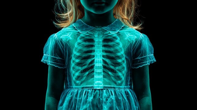 A detailed radiograph of the upper part of a human body, showing the clavicle, scapula, ribs, spine, and medical implants