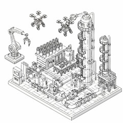Fototapeta premium Isometric illustration of a modern automated factory with robotic arms and drones, representing industrial innovation and technology.