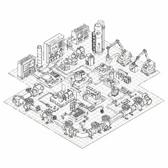 Obraz premium Isometric illustration of an industrial factory complex with machinery and pipes.