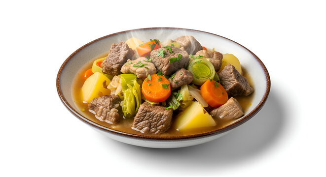 Hearty beef stew with vegetables served.