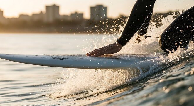 A surfer's hand touches the board, water splashing, against a city silhouette