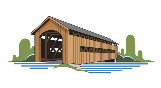 Rustic wooden covered bridge arches over a tranquil blue stream bordered by hills