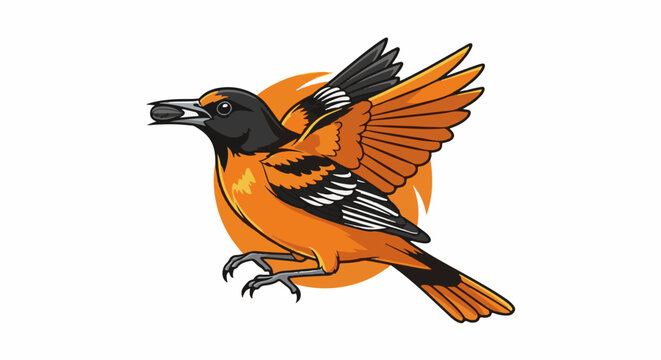 Stylized bird with black head and orange body holding a seed